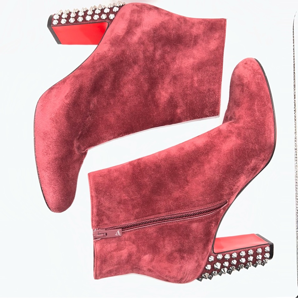 Christian Louboutin Suzi Folk 85 Prunus Red Suede Spike Ankle Heel Bootie - Picture 4 of 9